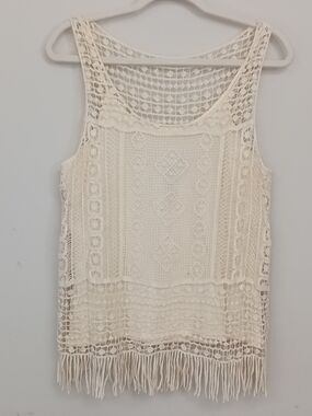Lauren Ralph Lauren Ivory Crochet Fringe Boho Layered Tank Top Hippie Festival L